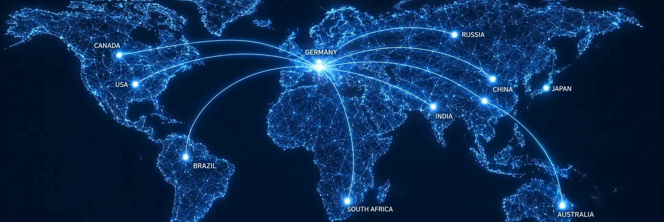 Map of the world displaying blue lines that illustrate Frankfurt server connections worldwide.