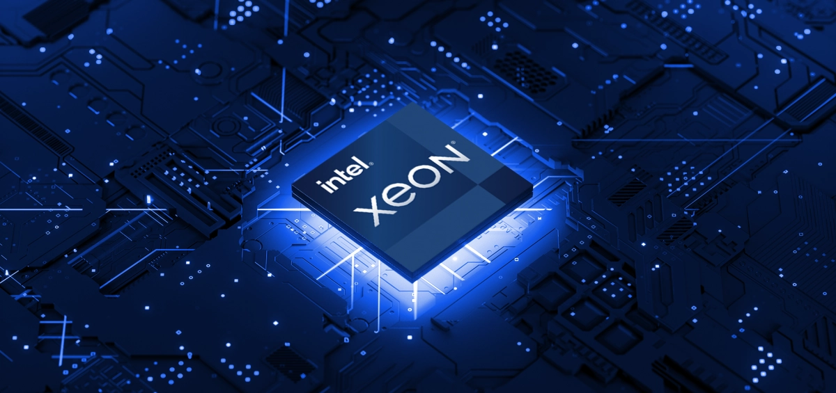 A computer chip labeled Intel xeon is shown on a glowing blue circuit board background with digital elements