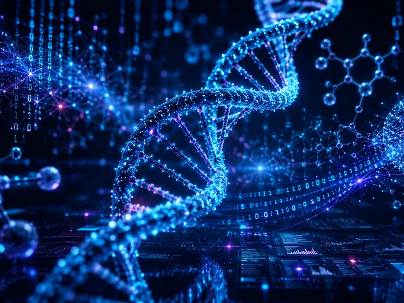 A sophisticated 3D model of DNA sequencing, molecular structures, or large data cluster graphs.