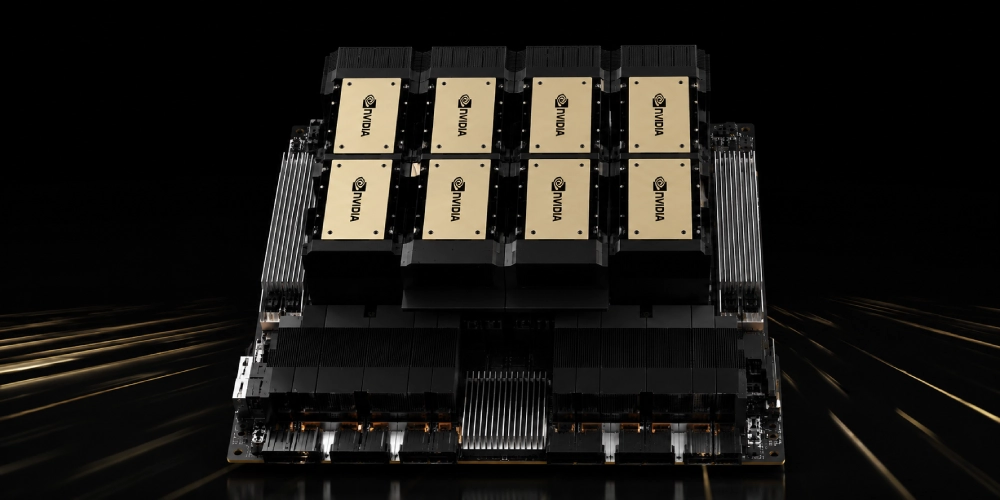 Close-up of NVIDIA H200 GPU within a server, highlighting its design and capabilities for intensive processing